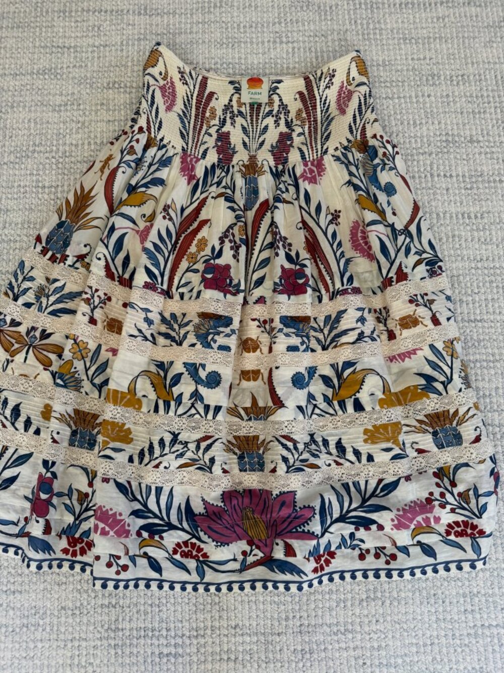FARM RIO Ana Crocheted lace-trimmed printed cotton-blend midi skirt sz M - Picture 5 of 5